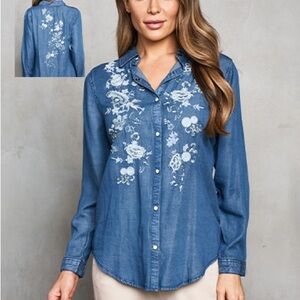 Women's Blue Embroidered Denim Tencel Shirt